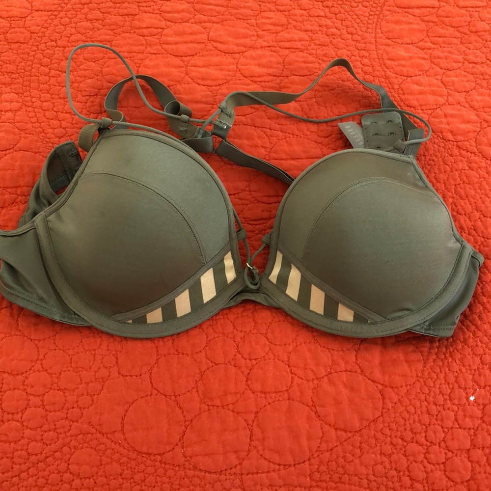 Army green lingerie bra with accent above cups